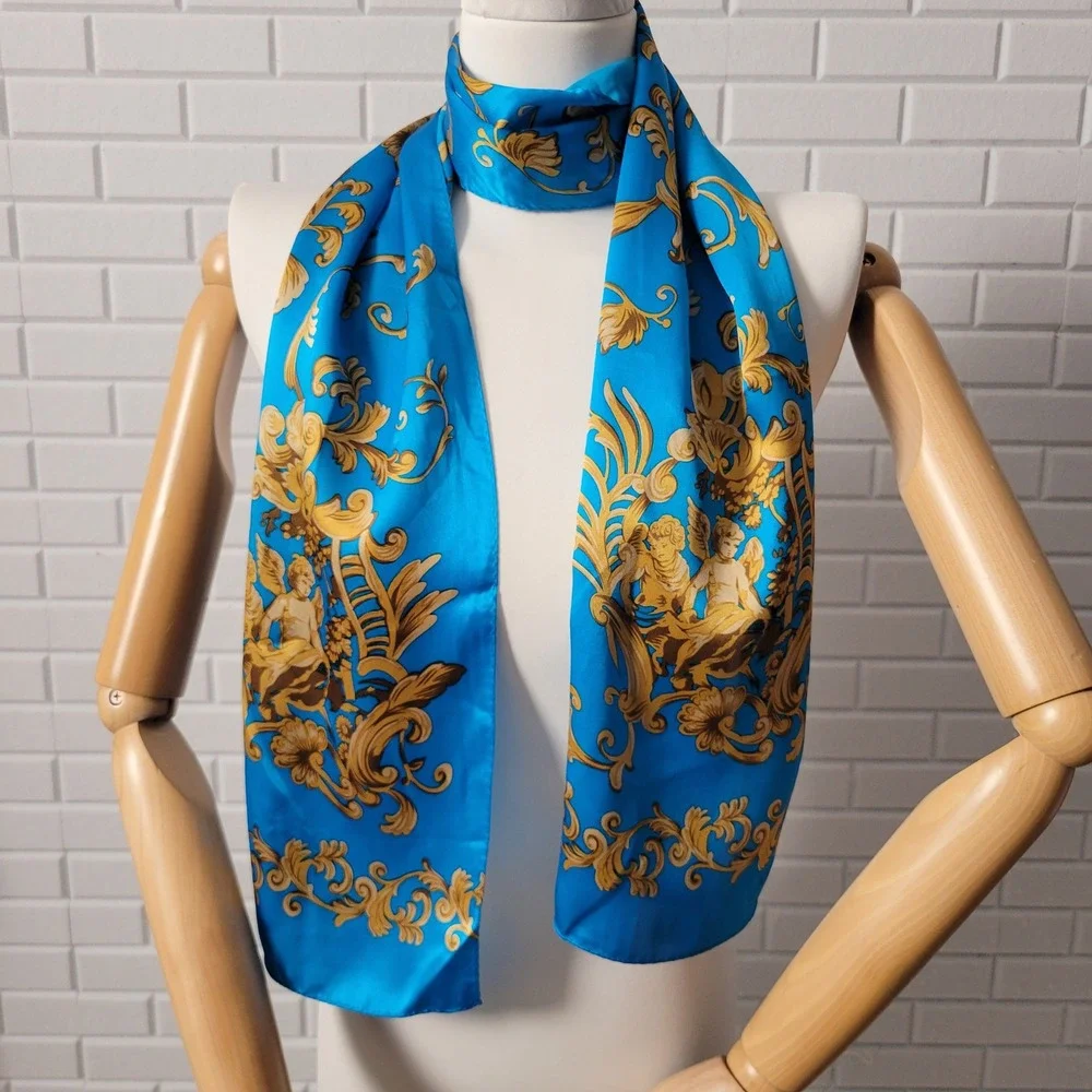 Vtg 90s Echo Silk Scarf Blue Gold Baroque Cherub Print Oblong 11X58 Maximalist